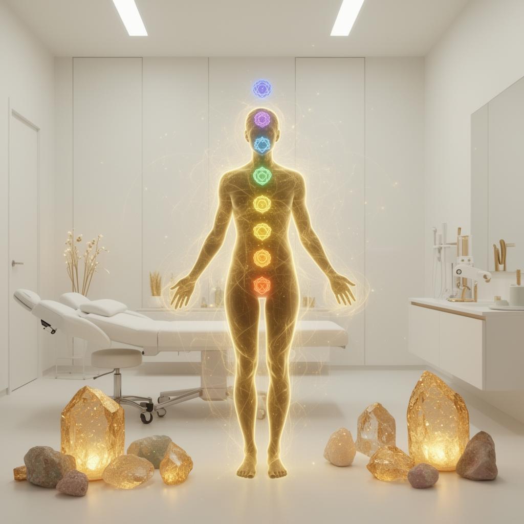 Silhueta humana com campo energético luminoso e cristais dourados em ambiente clínico premium